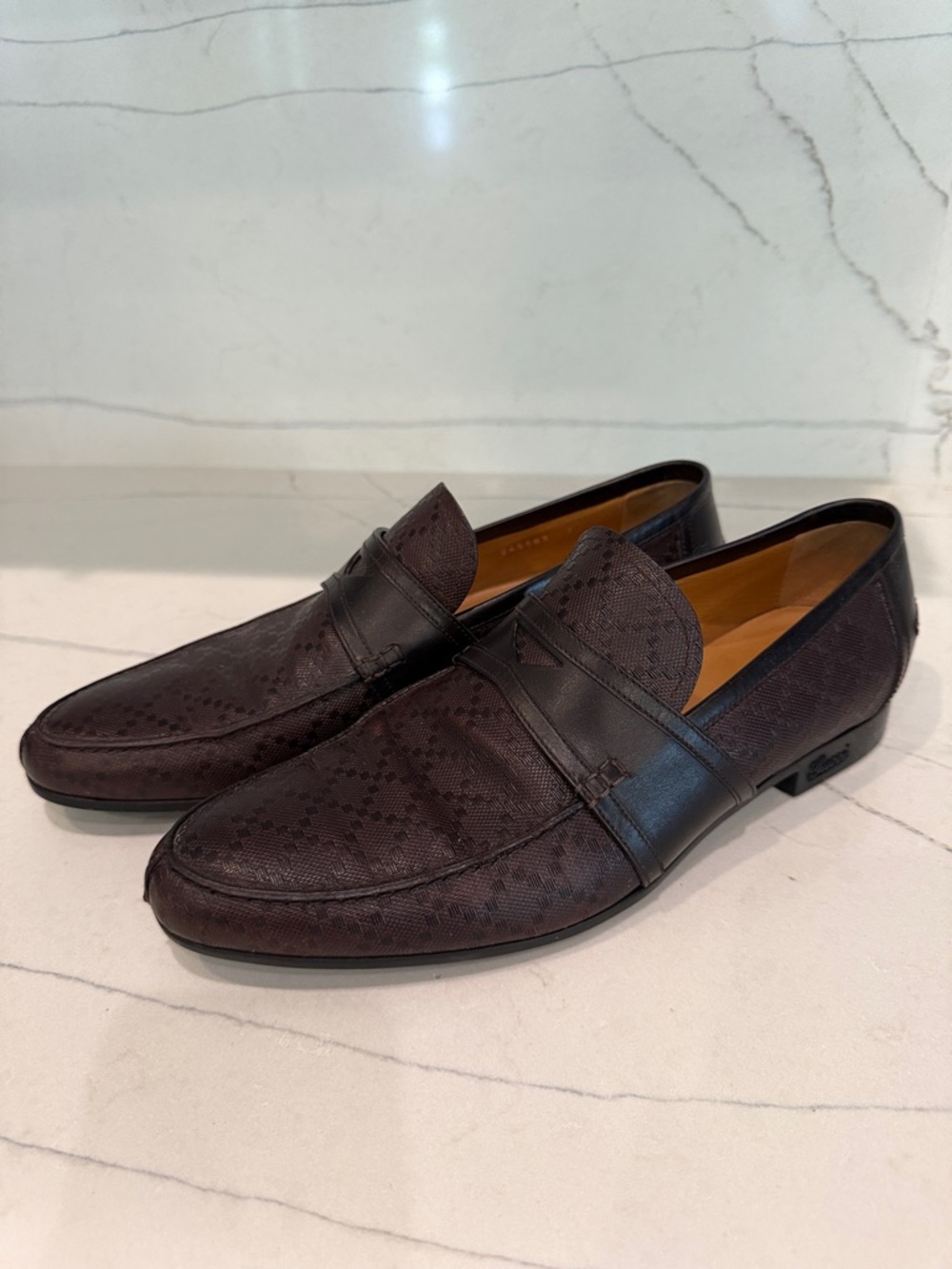 Gucci Dark Brown Monogram Leather Penny Loafers
